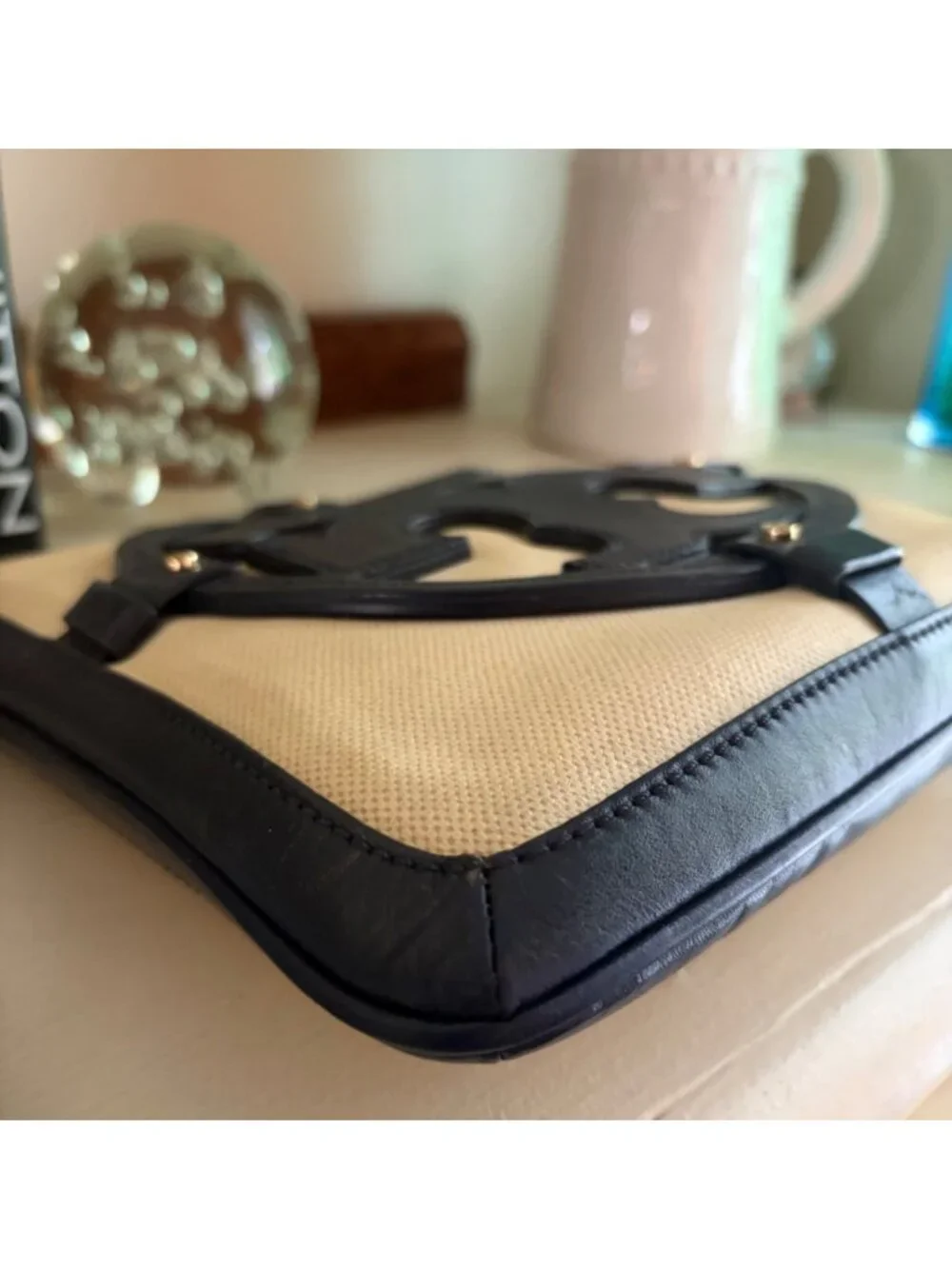 Tory Burch Holly Navy Leather and Canvas Crossbody Shoulder Bag